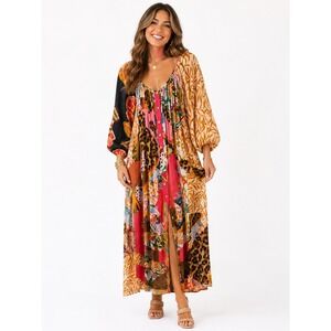 Geisha Designs Retro Patchwork Maxi Dress Large Pink Leopard Floral Boho Chic